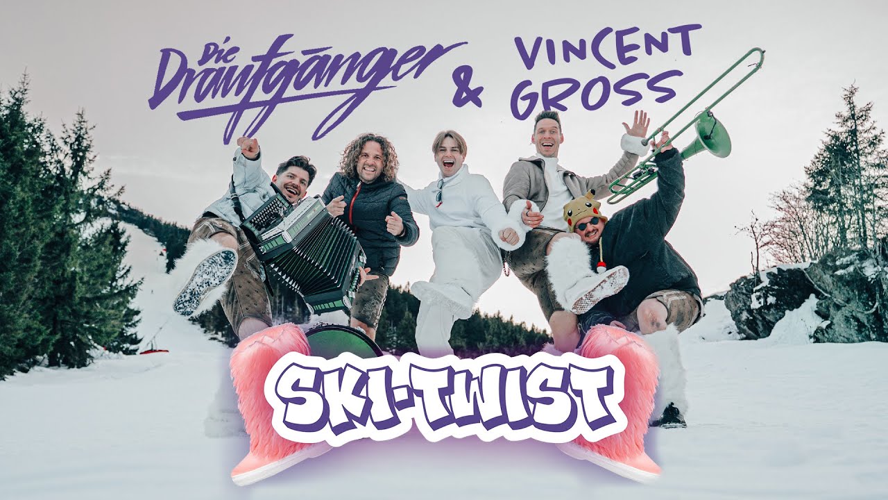 Standbild aus dem Musikvideo „Ski-Twist“: die Draufgänger und Vincent Gross springen mit Akkordeon und Posaune auf einer verschneiten Skipiste