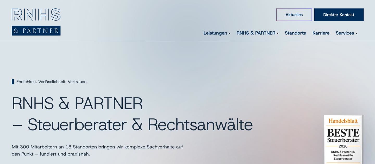 Startseite von rnhs.de: RNHS & Partner – Steuerberater & Rechtsanwälte, mit Menü und Leistungsübersicht